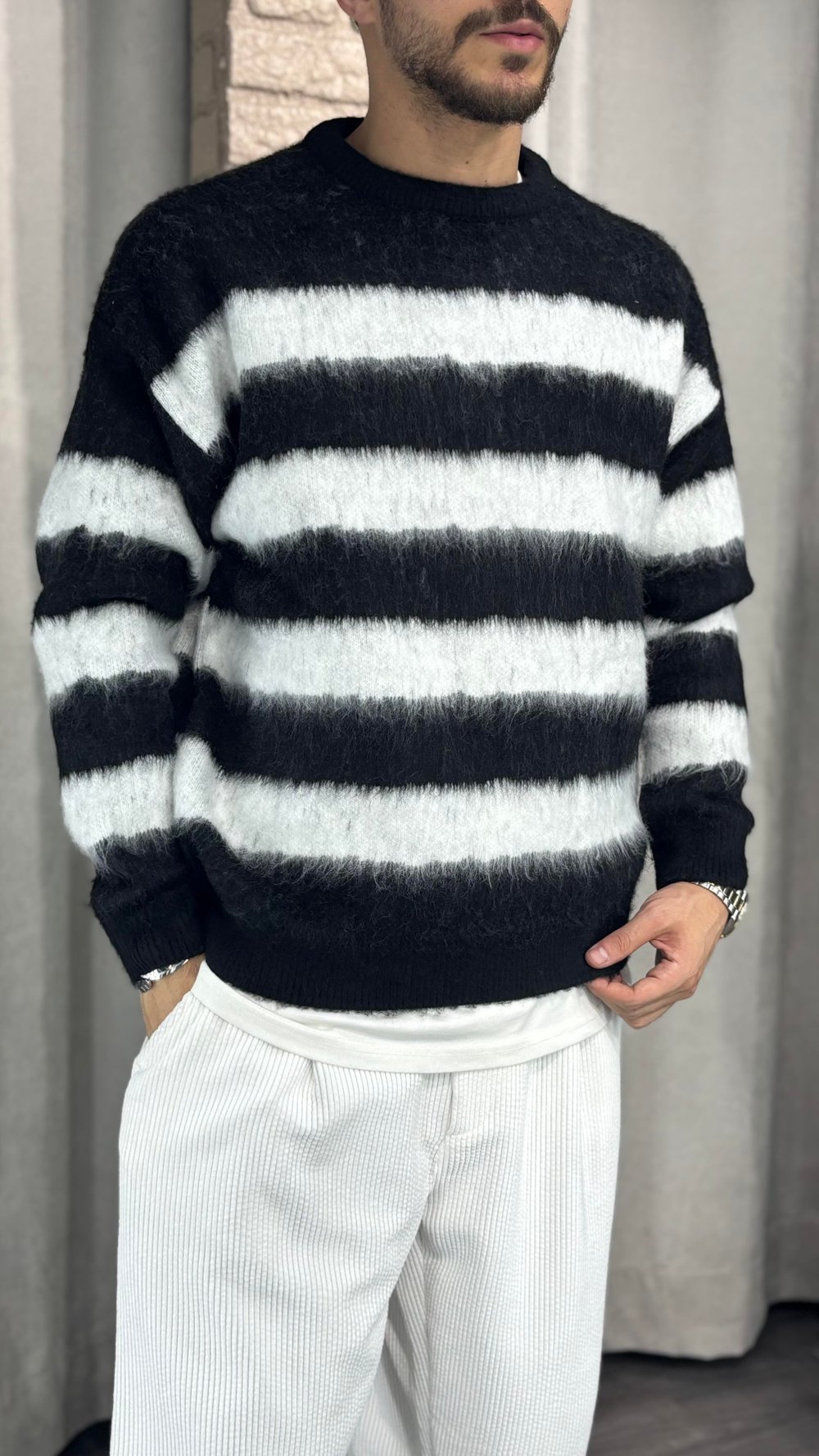 Oversize Yün Çizgili Kazak