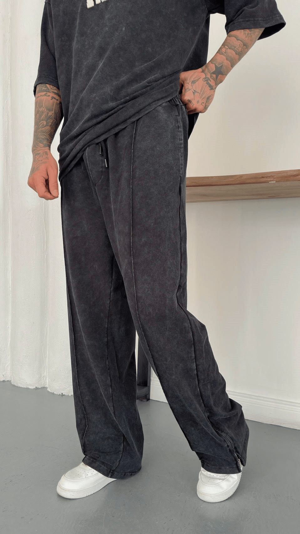 Yıkamalı Paça Fermuarlı Baggy Eşofman
