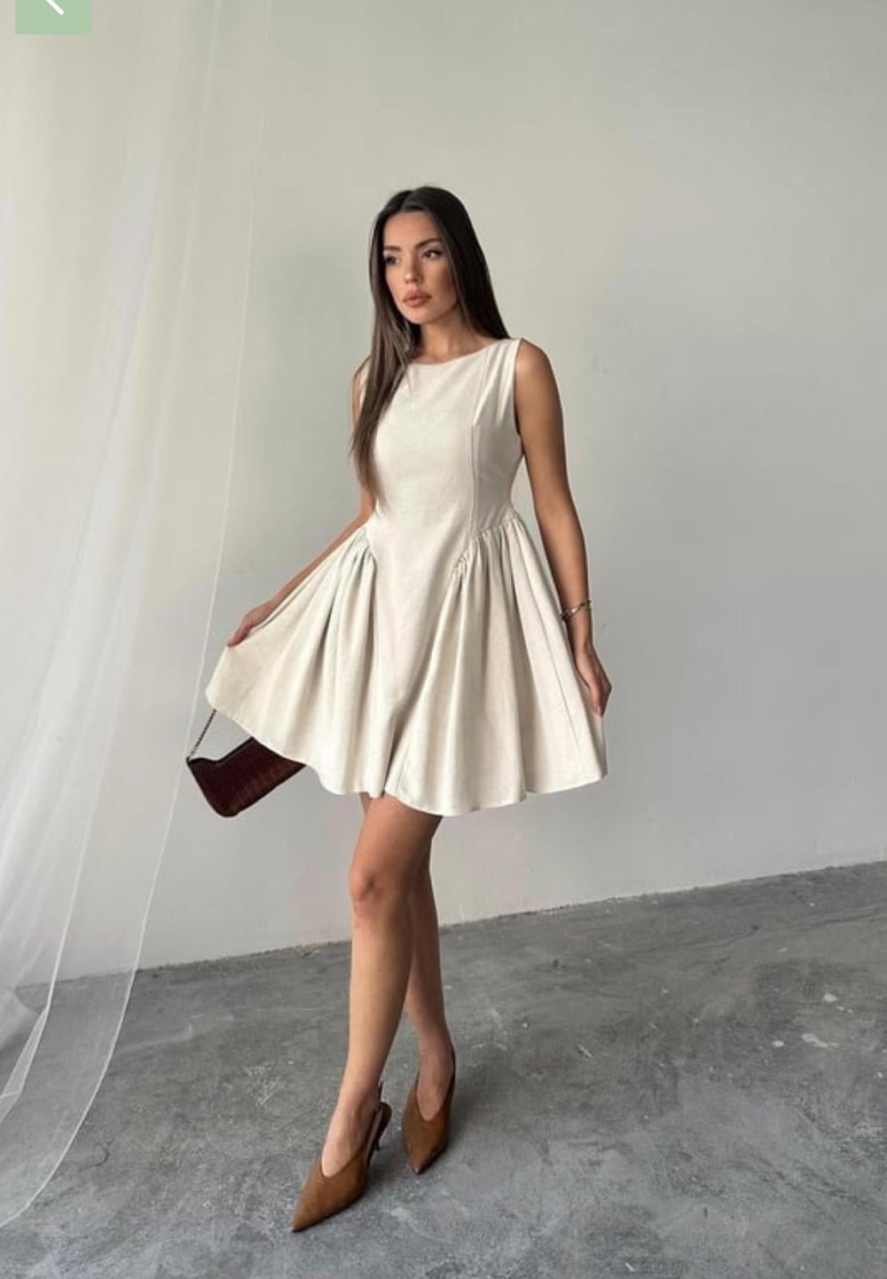Bej Mini Boy Büzgülü Keten Elbise
