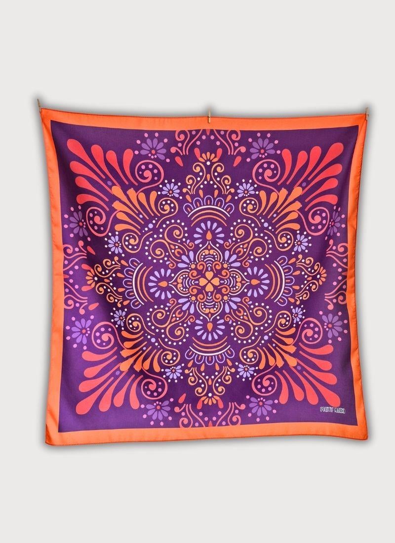 ÇİÇEK MANDALA DESENLİ TURUNCU TWİLL SATEN FULAR