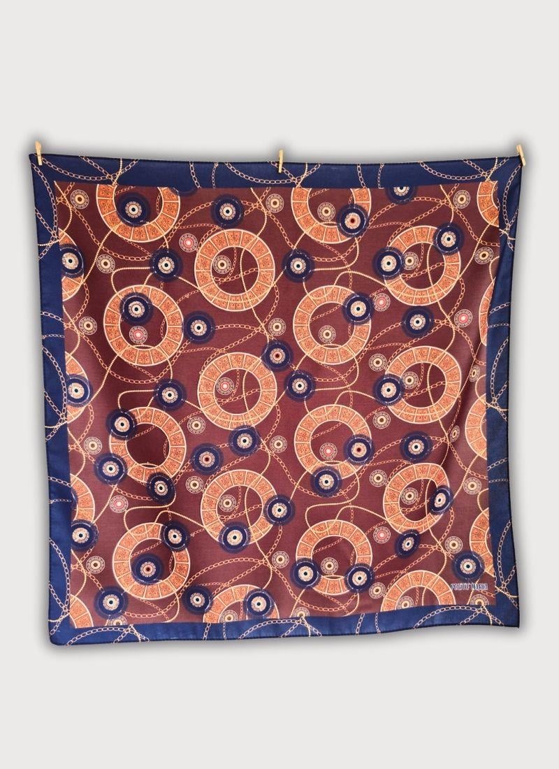ZİNCİR VE NAZAR BONCUĞU DESENLİ TWİLL SATEN KAHVERENGİ BOYUN BANDANA FULAR