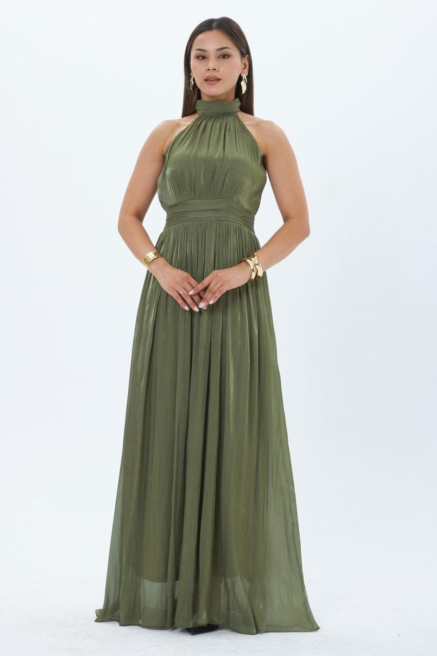 4128-Haki Halter Yaka Piliseli Maxi Elbise