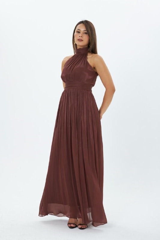 4128-Kiremit Halter Yaka Piliseli Maxi Elbise