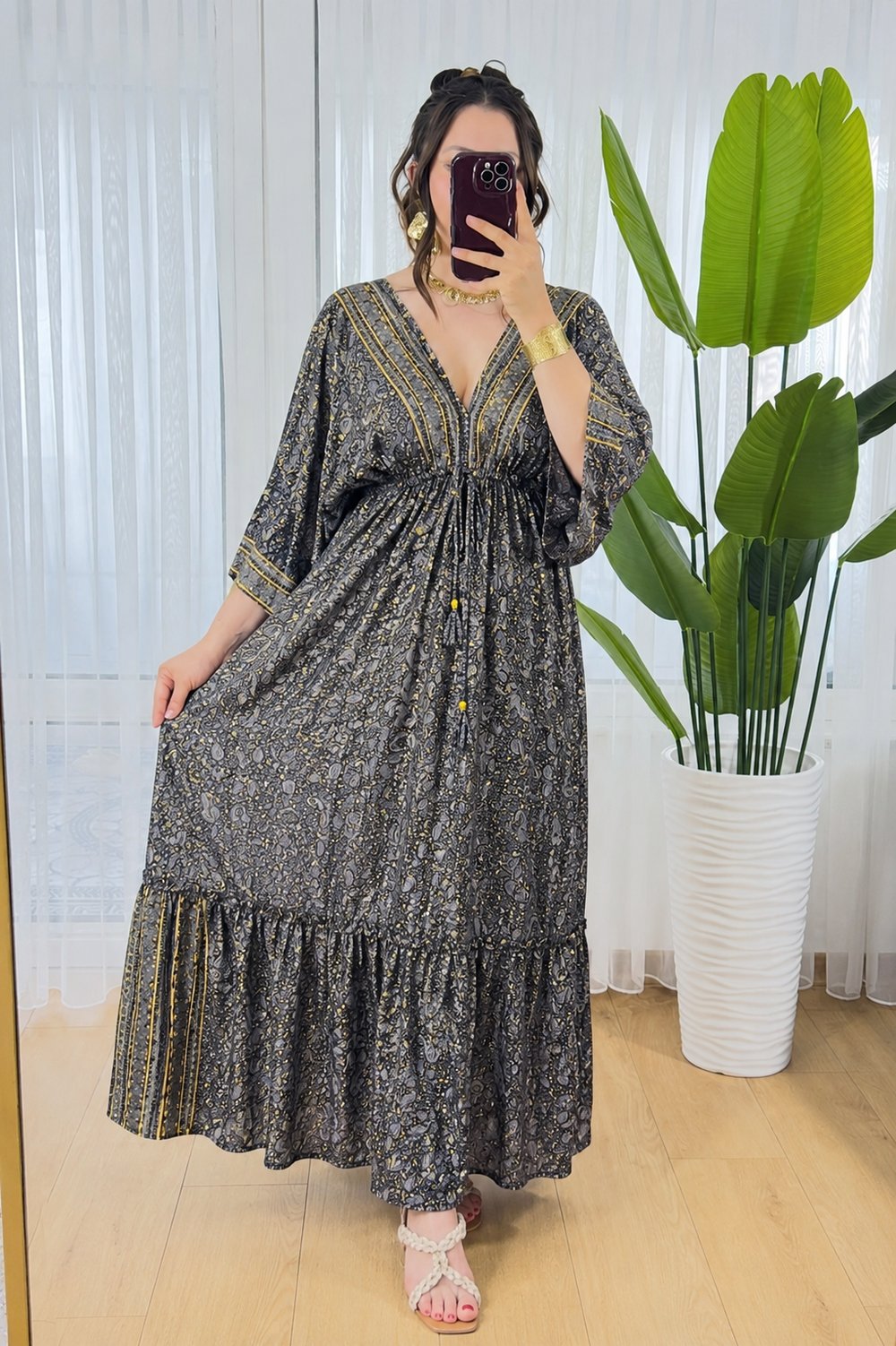 İpek Siyah Gold Detay Kaftan Elbise  -334