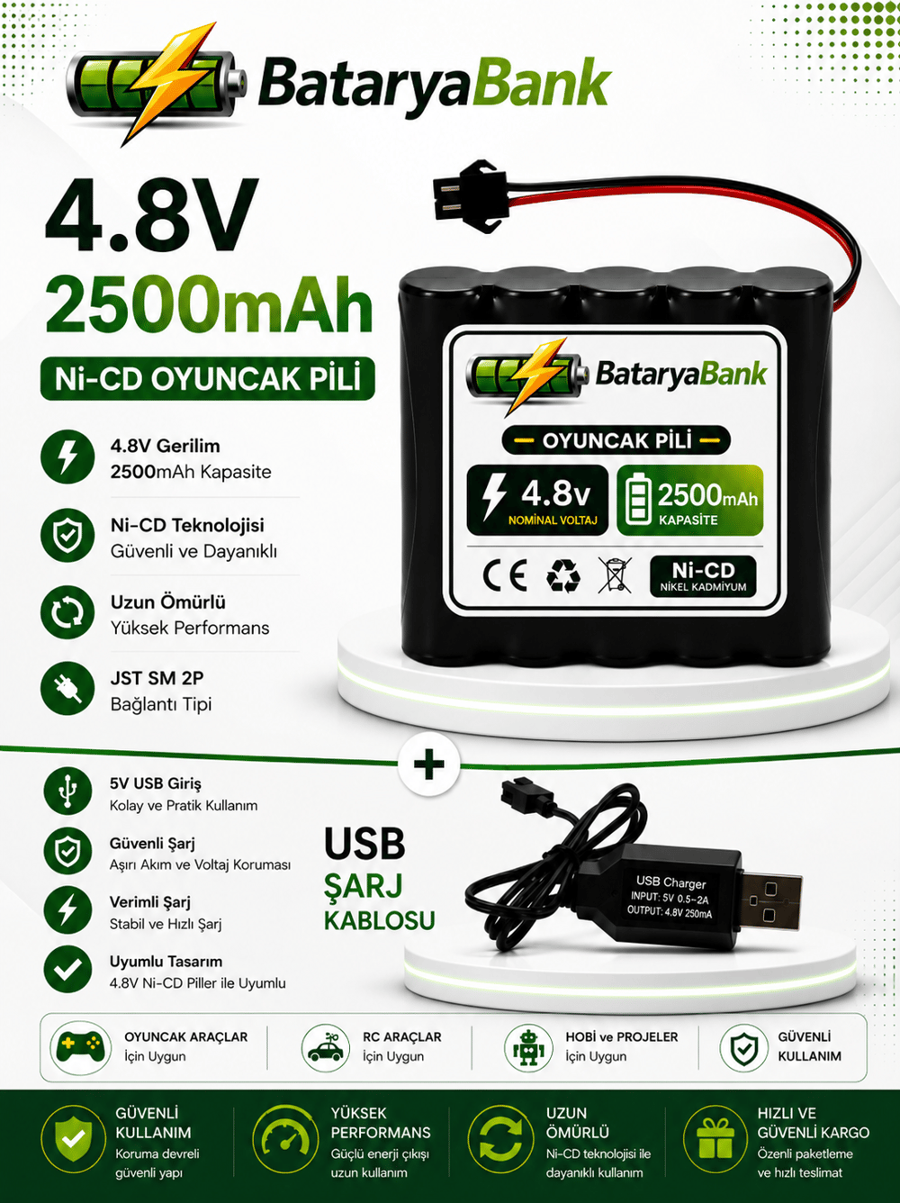 4.8V 2500mAh Oyuncak Pili Siyah Soket + USB Şarj Aleti | Ni-MH Şarjlı Batarya Seti