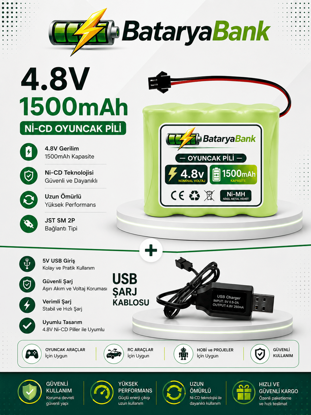 4.8V 1500mAh Oyuncak Araba Pili Bataryası + USB Şarj Cihazı Siyah Soketli Ni-MH Şarjlı Batarya Seti