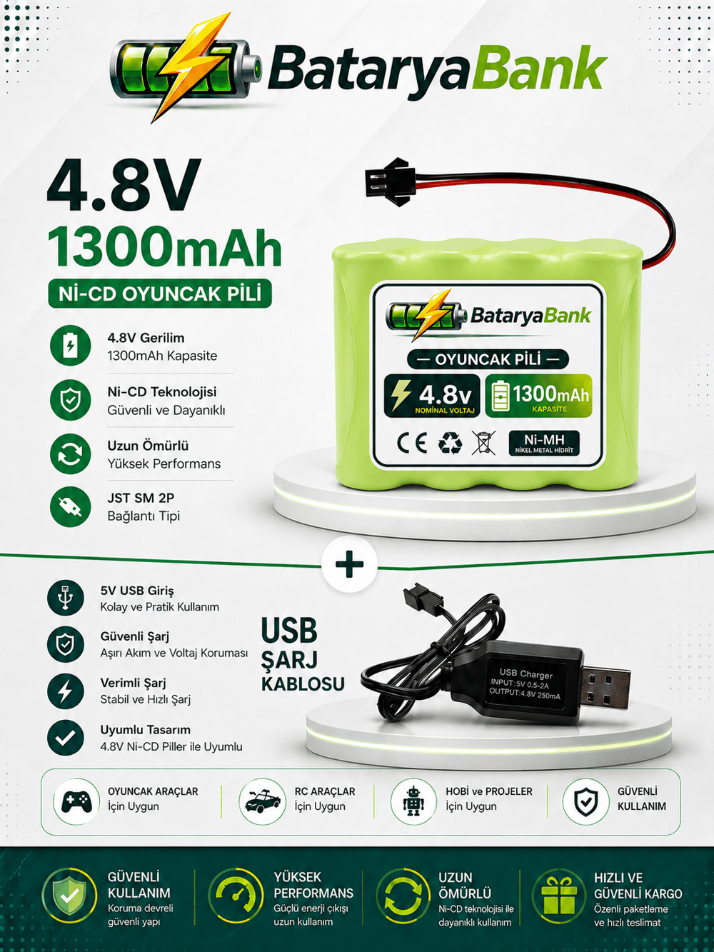 4.8V 1300mAh Oyuncak Araba Pili Siyah Soket + USB Şarj Cihazı | RC Araç Batarya Seti