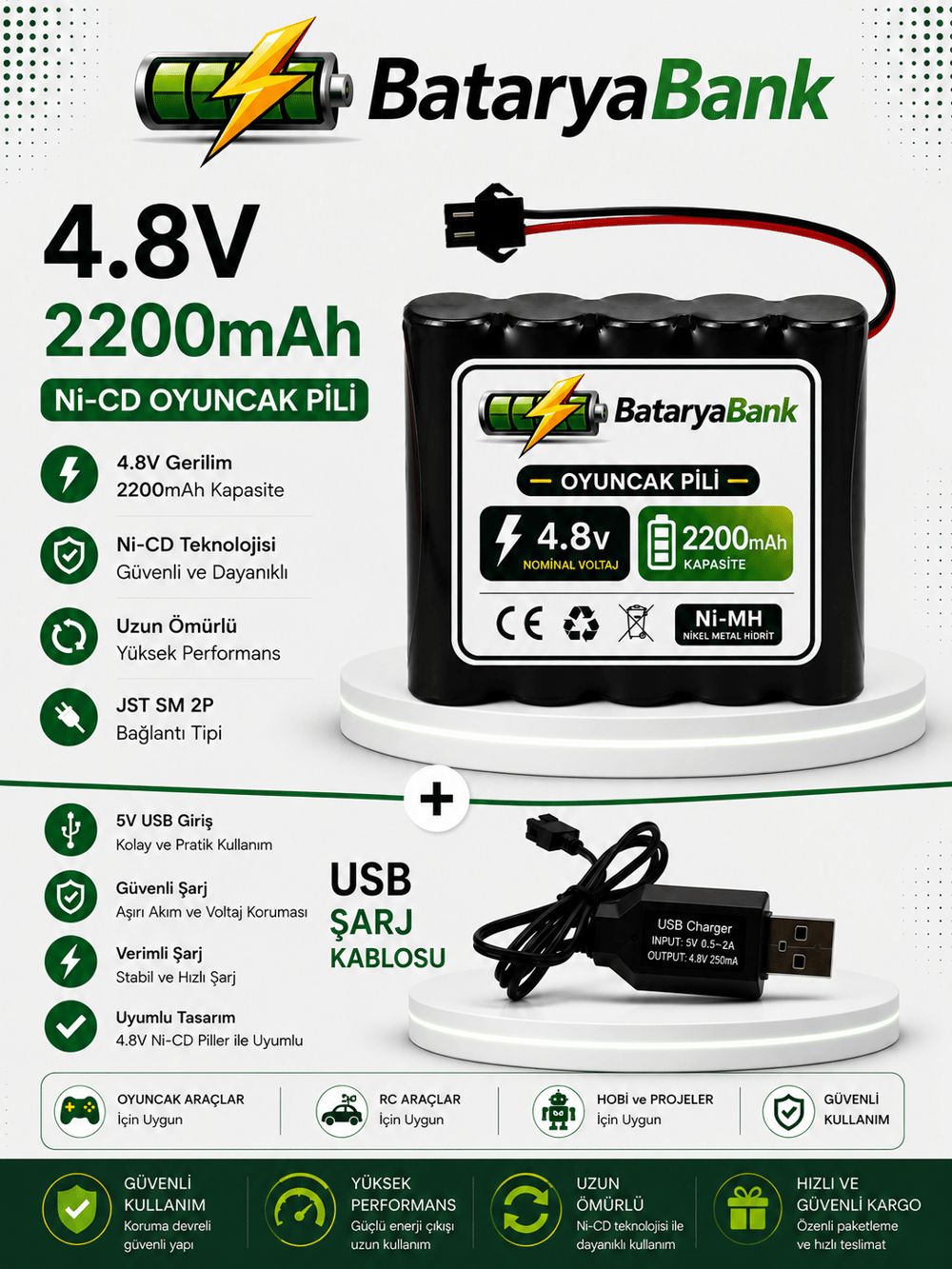4.8V 2200mAh Oyuncak Pili Siyah Soket + USB Şarj Cihazı | Şarjlı Oyuncak Bataryası