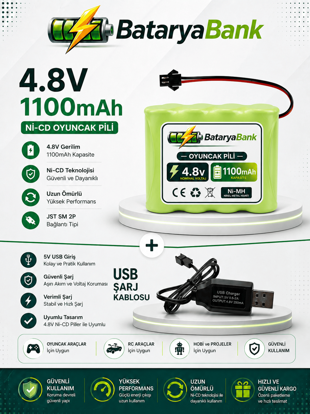 4.8V 1100mAh Oyuncak Araba Pili Siyah Soket + USB 4.8V Şarj Cihazı 250mAh Seti