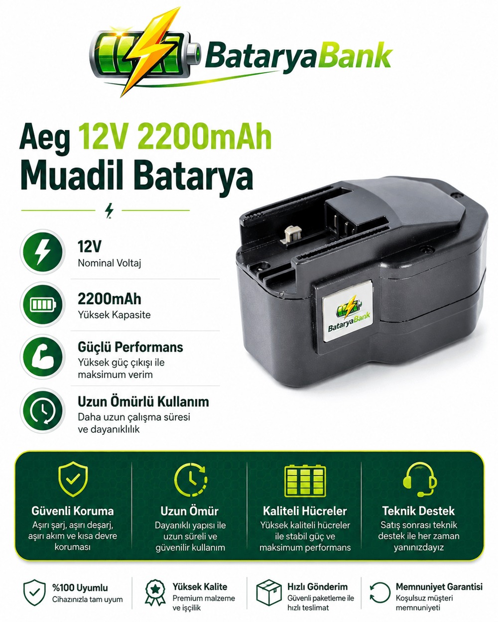 BataryaBank AEG 12V 2200mAh Muadil Matkap Bataryası