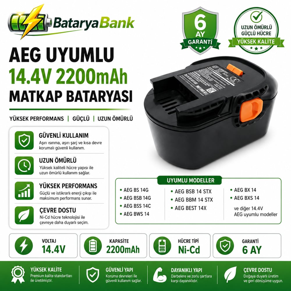 BataryaBank AEG 14.4V 2200mAh Ni-Cd Muadil Matkap Bataryası