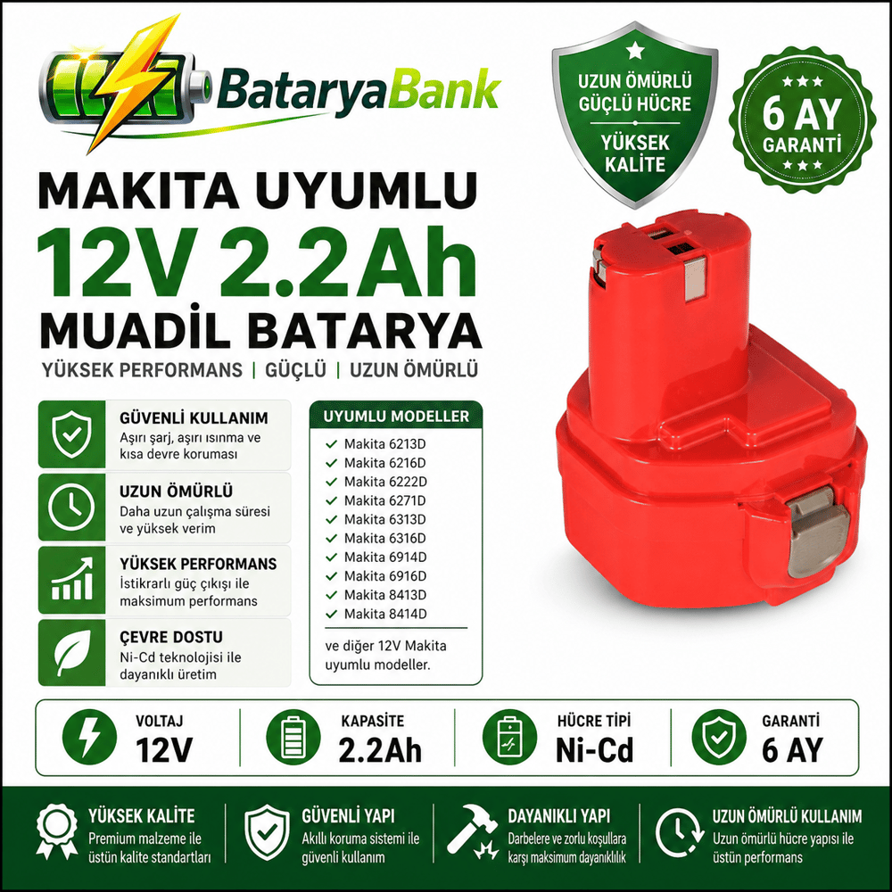 BataryaBank Makita 12V 2.2Ah 2200mAh Ni-Cd Muadil Matkap Bataryası