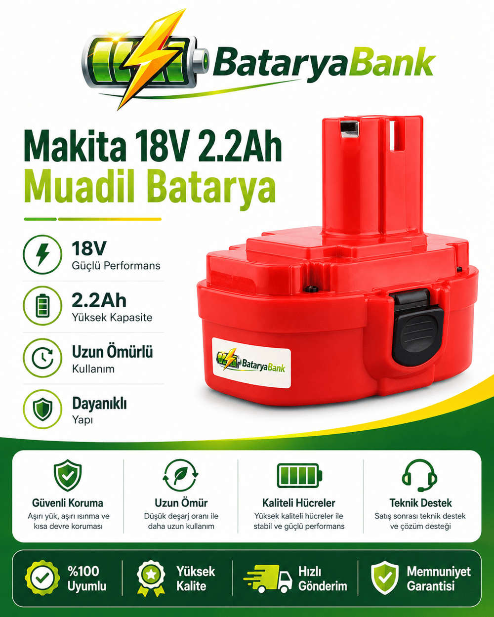 BataryaBank Makita 18V 2.2Ah 2200mAh Ni-Cd Muadil Matkap Bataryası