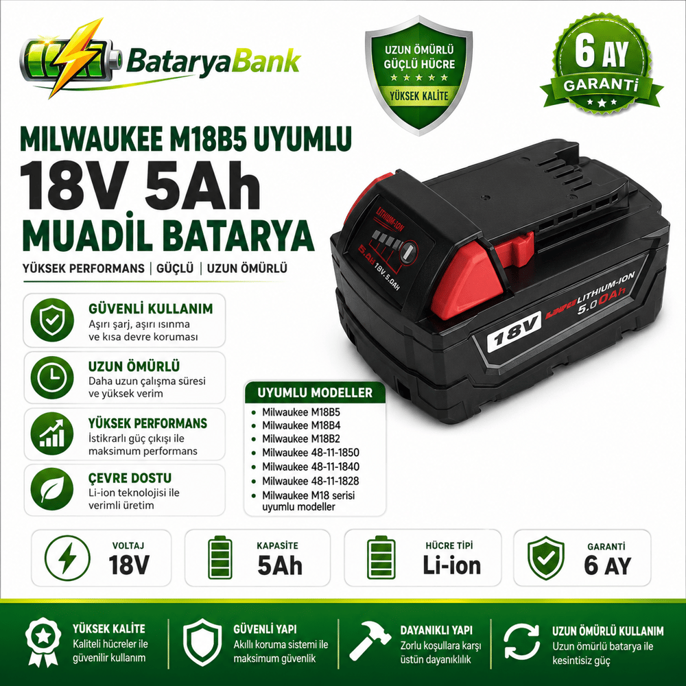 BataryaBank Milwaukee M18B5 Uyumlu 18V 5Ah ( 5000mAh ) Li-ion Muadil Matkap Bataryası
