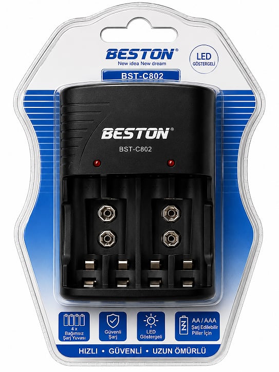 Beston BST-C802 9V / AA / AAA Pil Şarj Aleti | Ni-MH ve Ni-CD Uyumlu