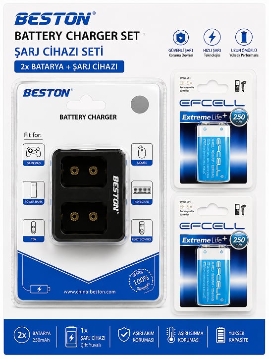 Beston M-7005 2'li USB 9V Pil Şarj Aleti + EFCELL 9V 250mAh 2'li Şarjlı Pil Seti