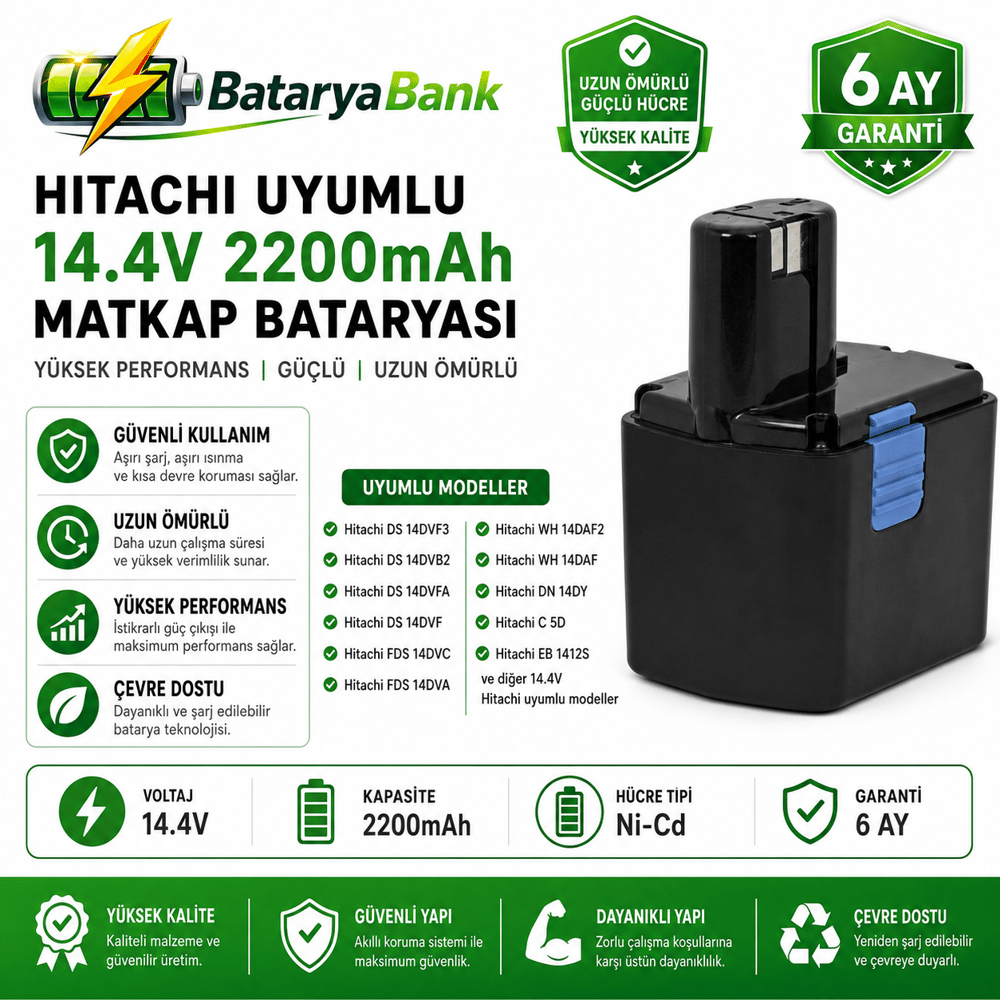 Hitachi 14.4V 2200mAh Muadil Matkap Bataryası
