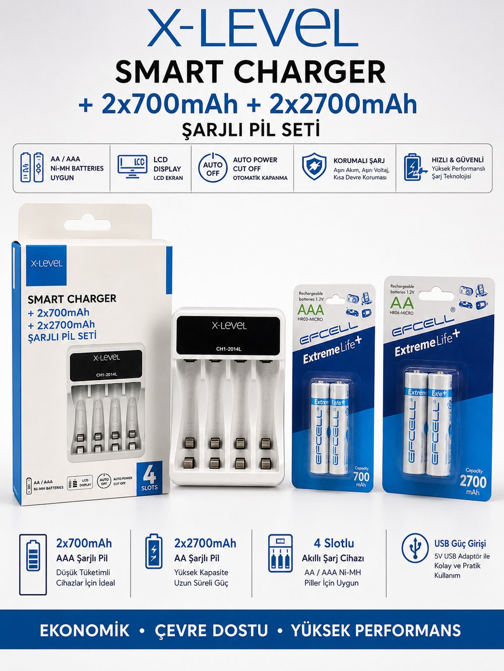 X-Level CH1-201AL LCD Akıllı Pil Şarj Cihazı + 2x Efcell AA 2700mAh + 2x Efcell AAA 700mAh Şarj Edilebilir Pil Seti