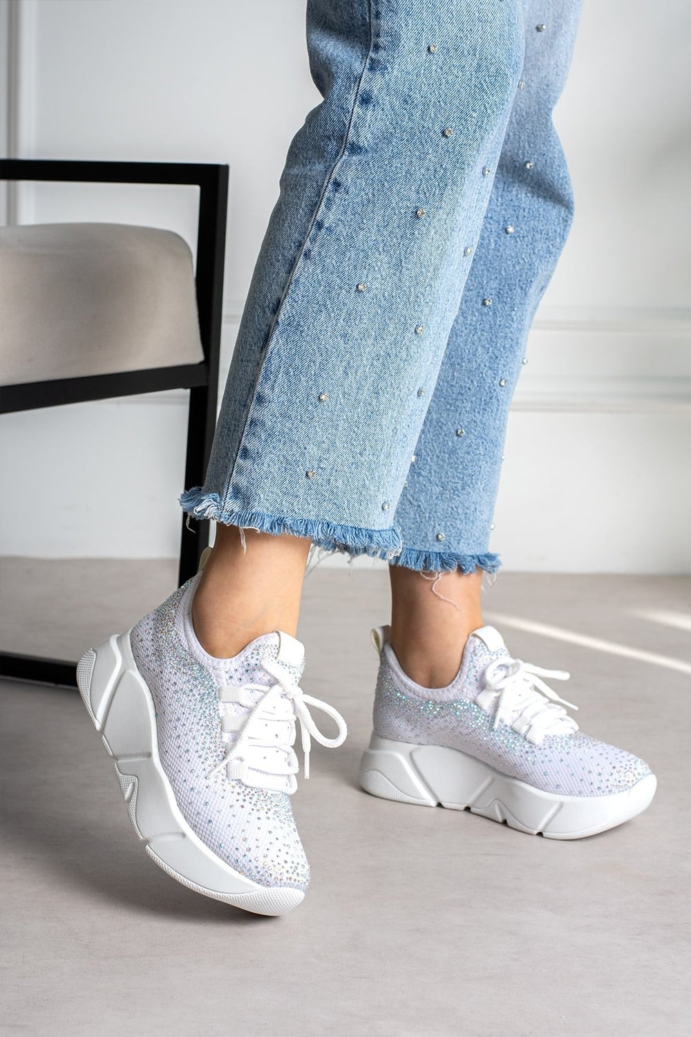 Beyaz Işıltılı Taş Detaylı - Günlük Kadın Sneaker Bağcıklı Triko Esnek Hafif Ve Kalın Spor Ayakkabı
