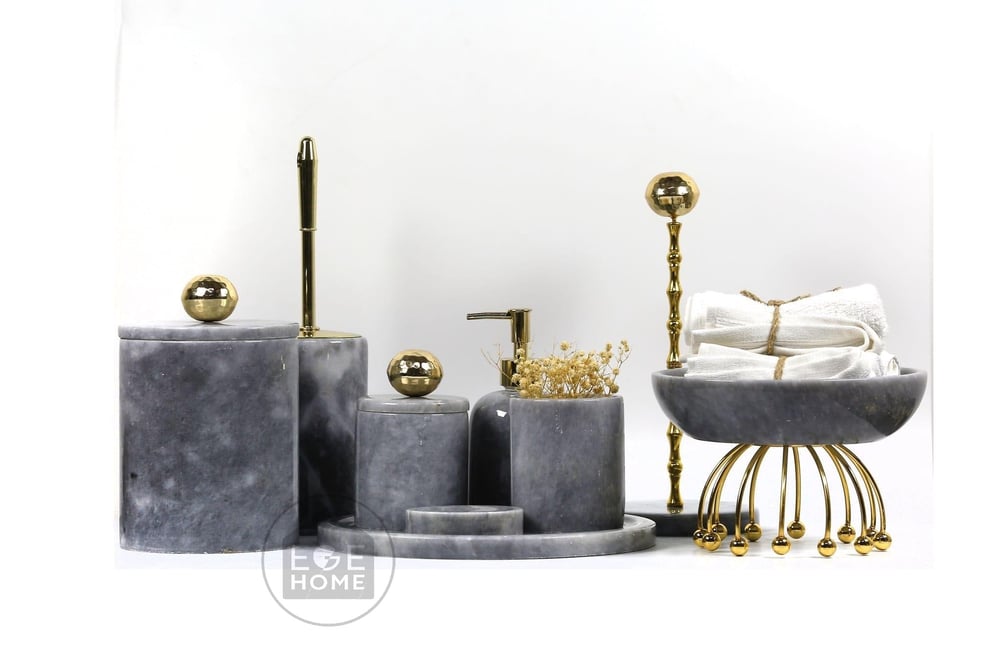 8 PARÇA GRİ MERMER DİSKO TOPU / GOLD STANDTLI GRİ KASE 