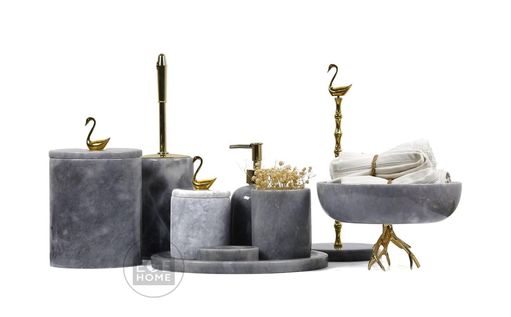 8 PARÇA GRİ MERMER KUĞ / GOLD STANDTLI GRİ KASE 
