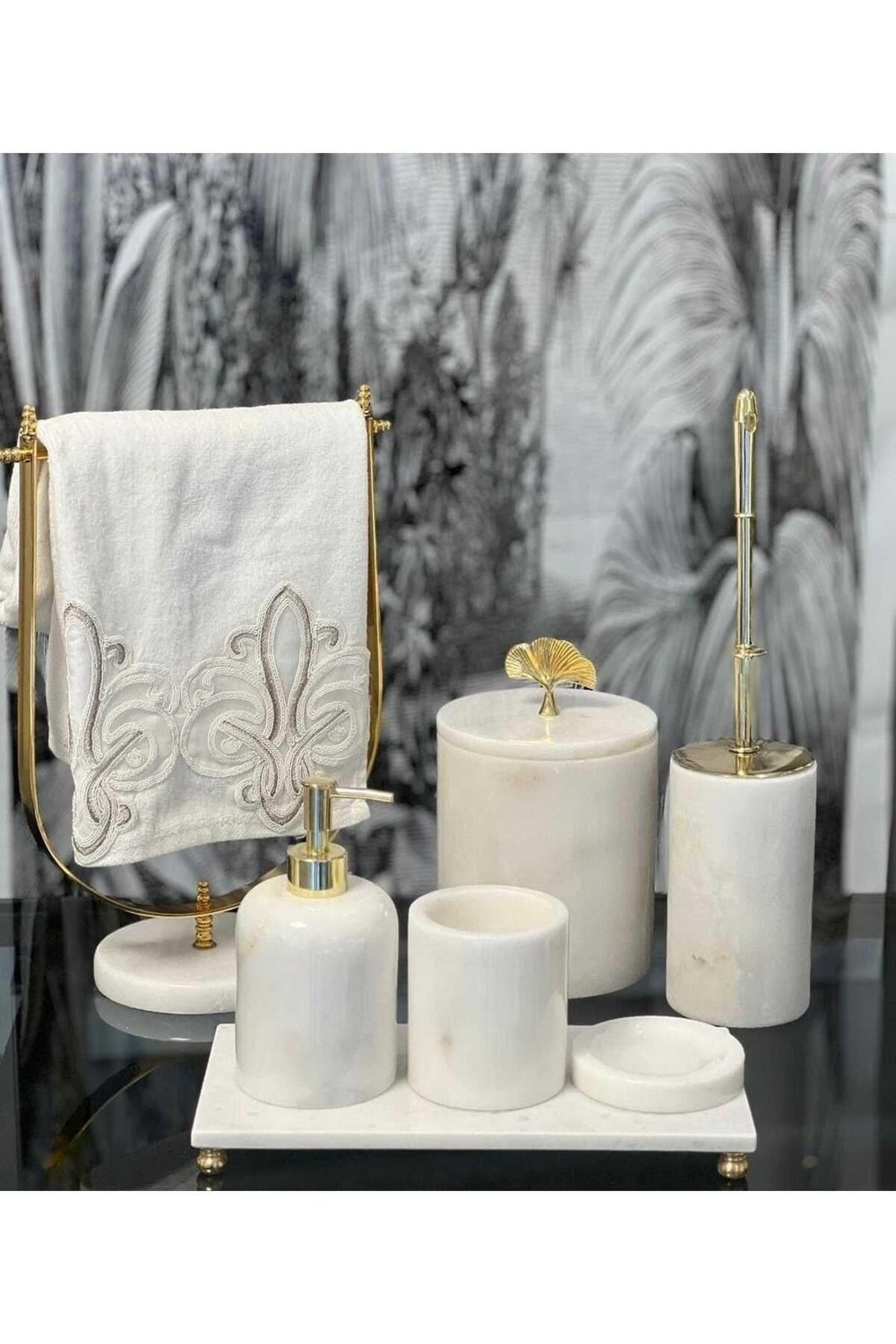 ASYA- GOLD TOP DETAYLI BEYAZ MERMER BANYO SETİ- 7 PARÇA
