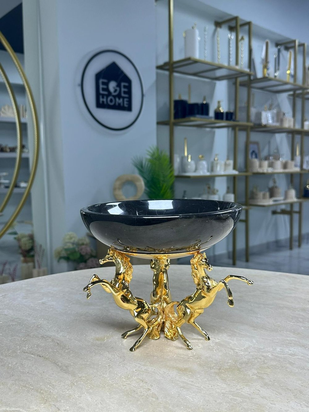 AT FİGÜRLÜ AYAKLI MERMER KASE LEYLAK&GOLD