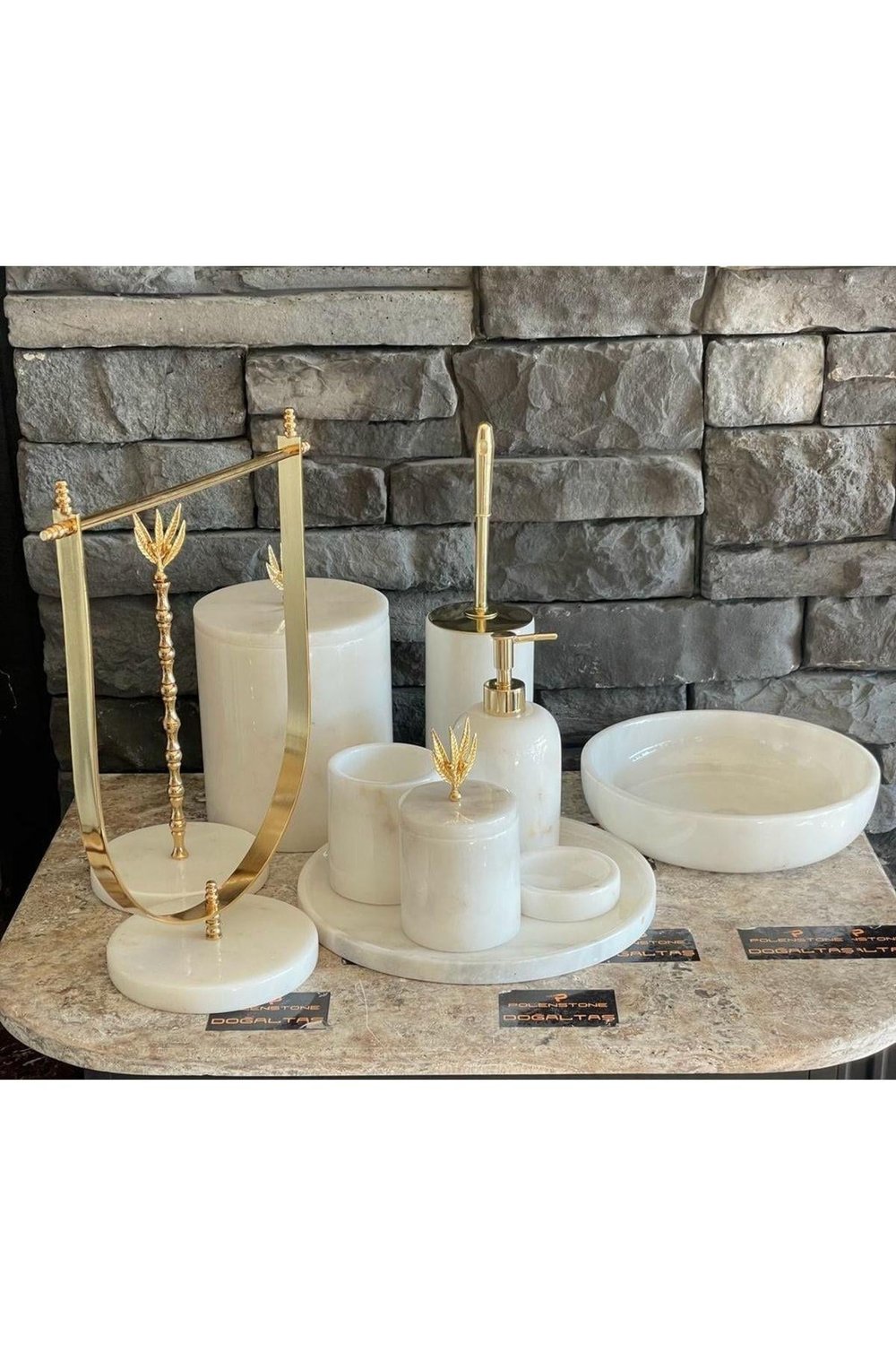 Beyaz Doğal Mermer Gold Zeytin Dalı Aksesuarlı 10,lu Banyo Seti