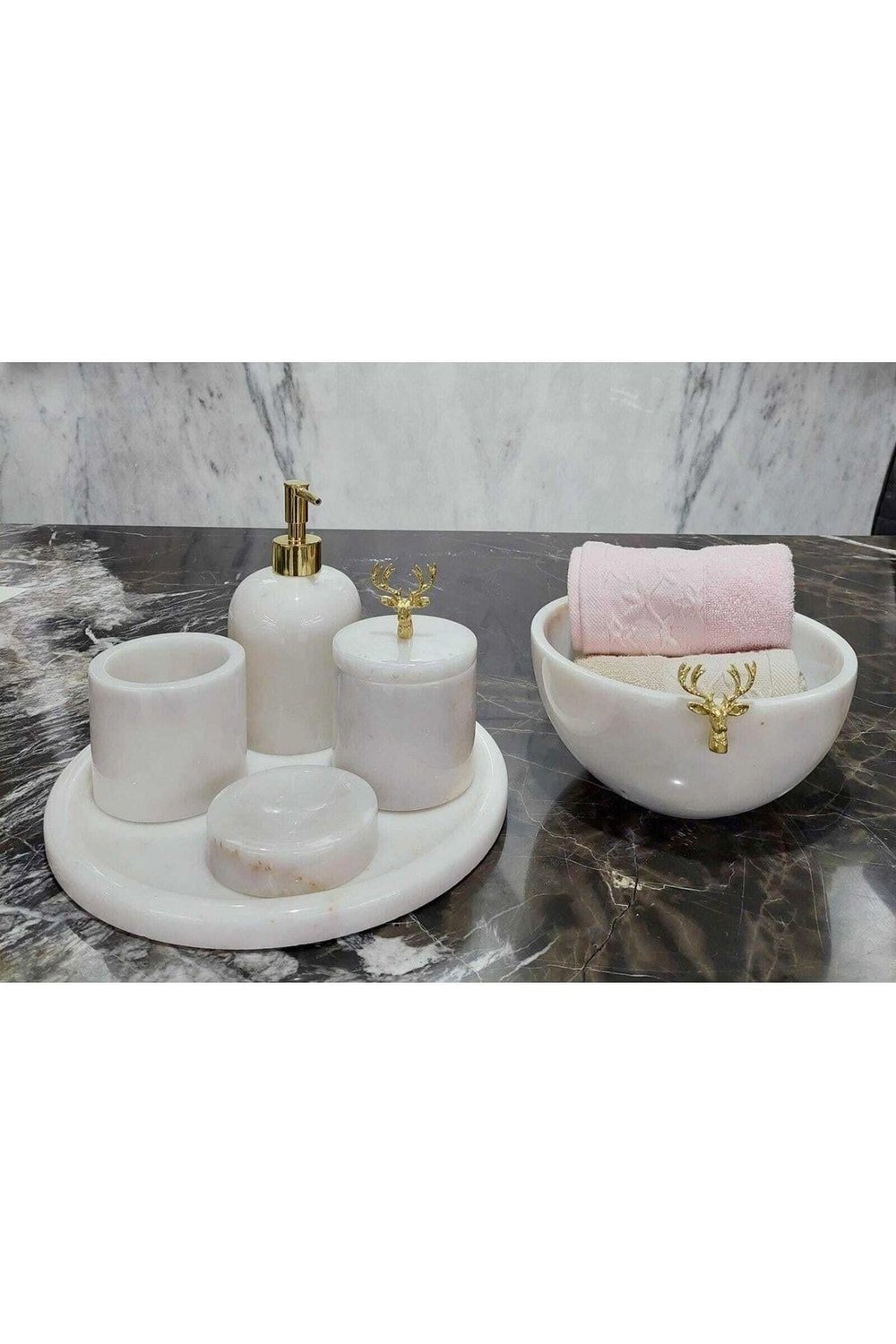 Crystal White Golden - Doğal Beyaz Mermer Banyo Seti | 6lı | Gold |