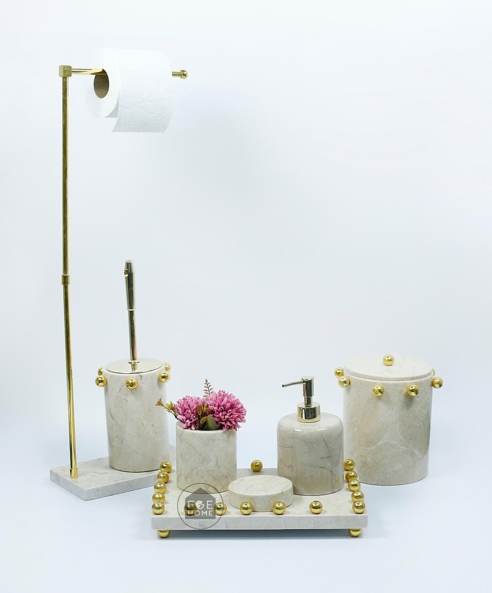 DEKORAFİT BEJ MERMER 7 PARÇA BANYO SETİ GOLD BOL TOPLU 