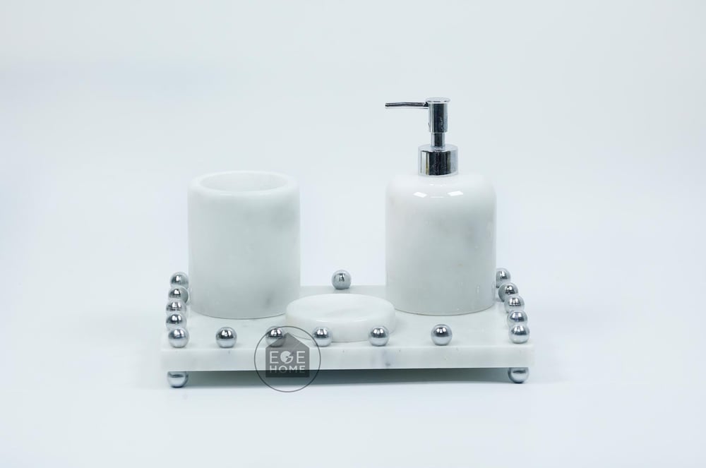 DEKORAFİT BEYAZ MERMER 4 PARÇA BANYO SETİ GÜMÜŞ BOL TOPLU 