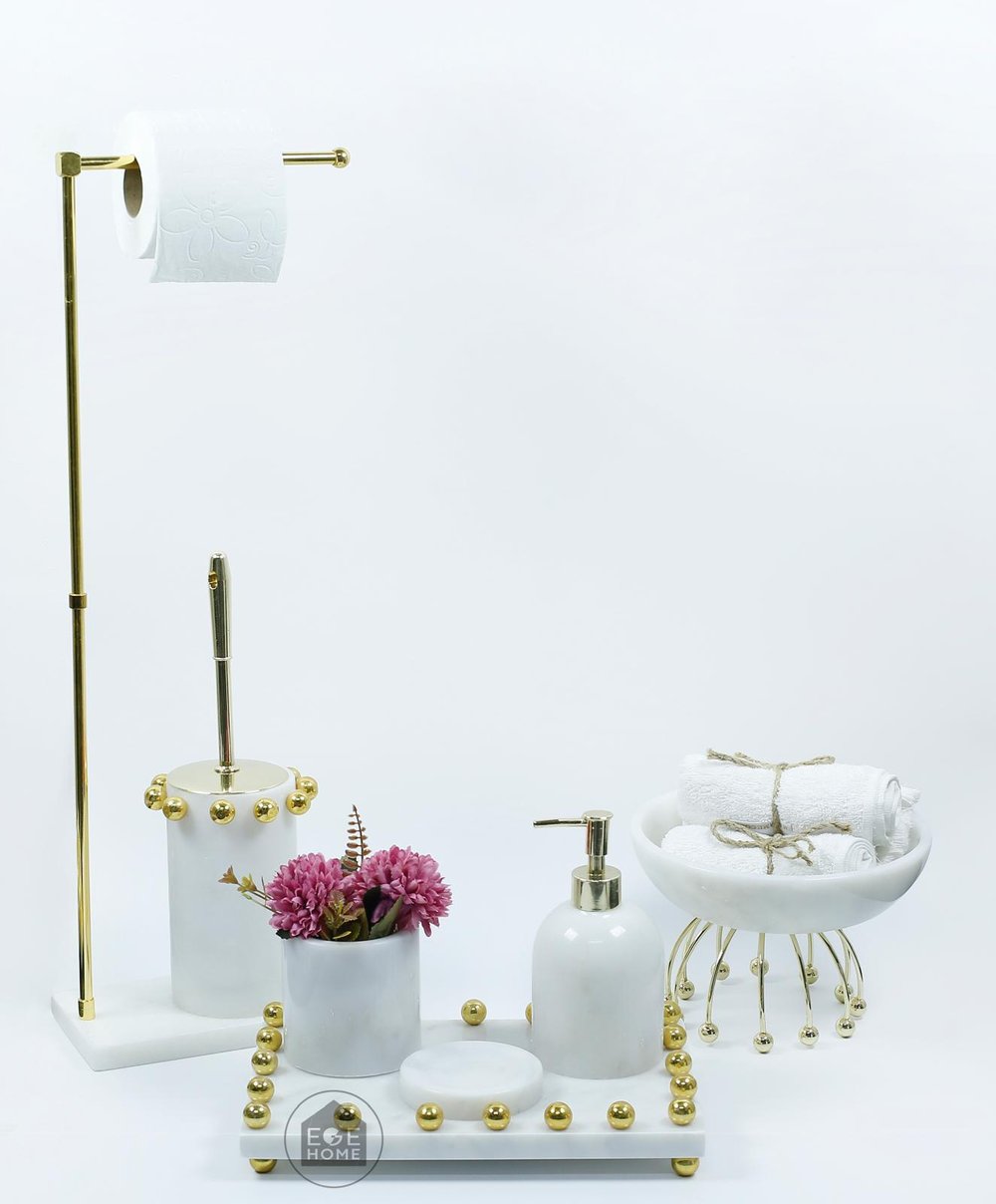 DEKORAFİT BEYAZ MERMER 6 PARÇA BANYO SETİ GOLD BOL TOPLU /  KASE