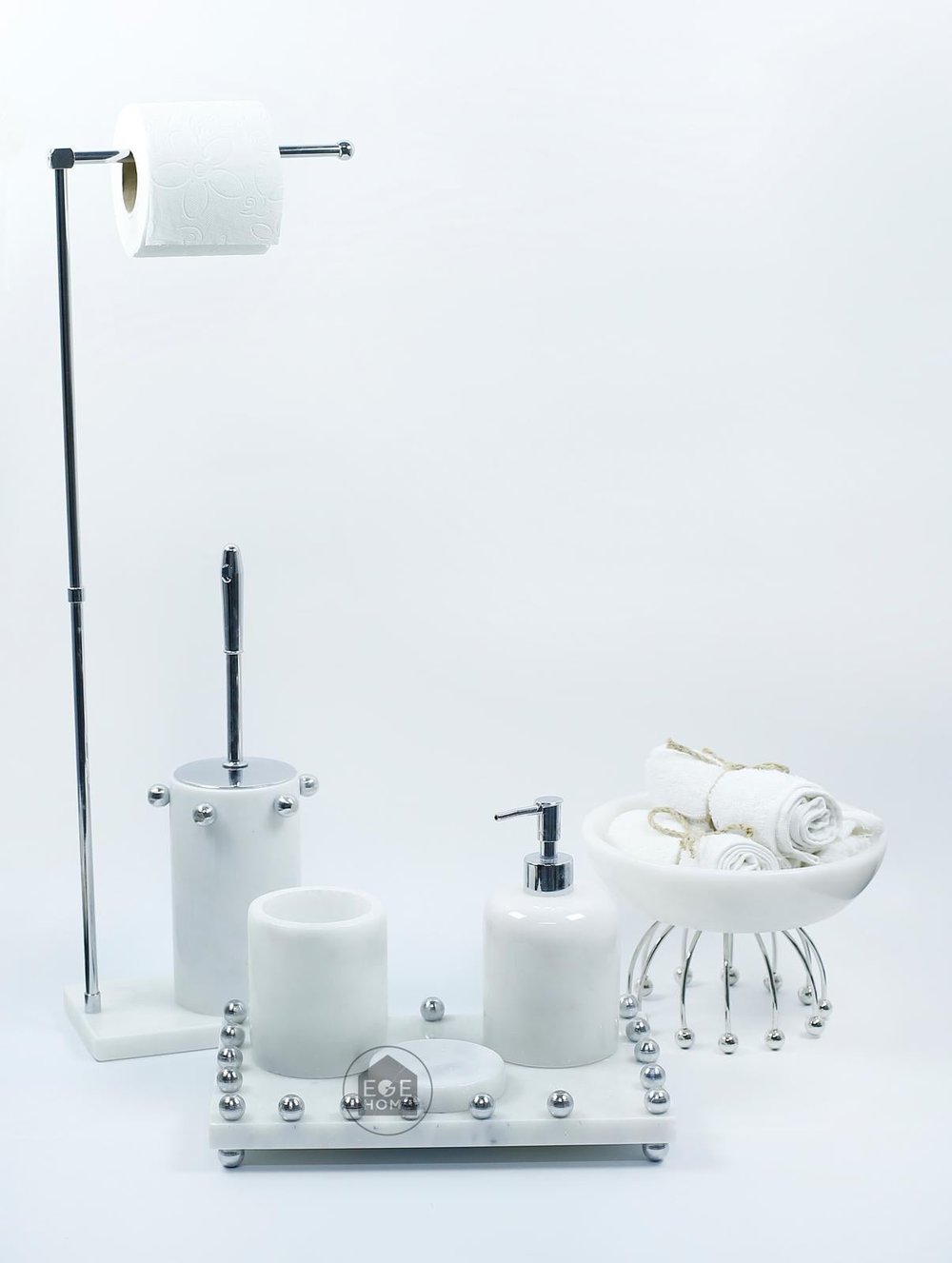 DEKORAFİT BEYAZ MERMER 6 PARÇA BANYO SETİ GÜMÜŞ BOL TOPLU /  KASE