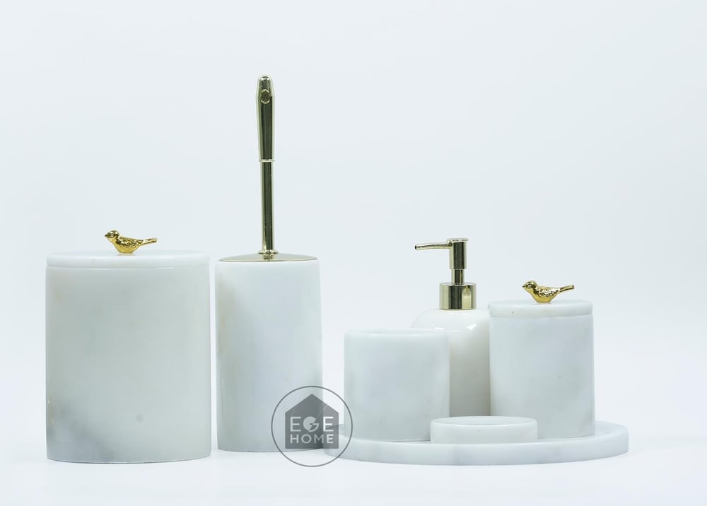 DEKORAFİT BEYAZ MERMER 7 PARÇA BANYO SETİ GOLD KUŞ