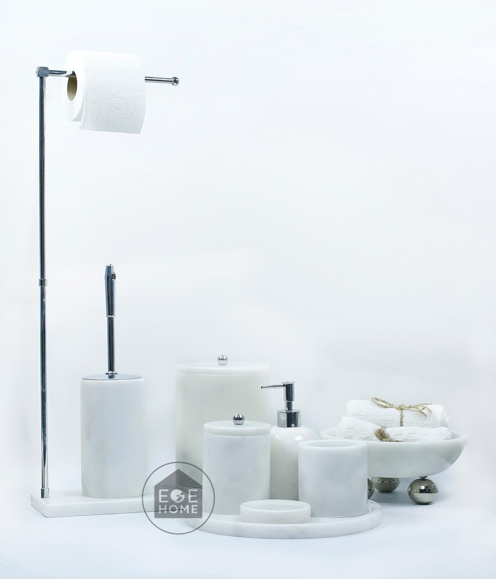 DEKORAFİT BEYAZ MERMER 7 PARÇA BANYO SETİ WC HAVLULUK-KASE GÜMÜŞ TOP