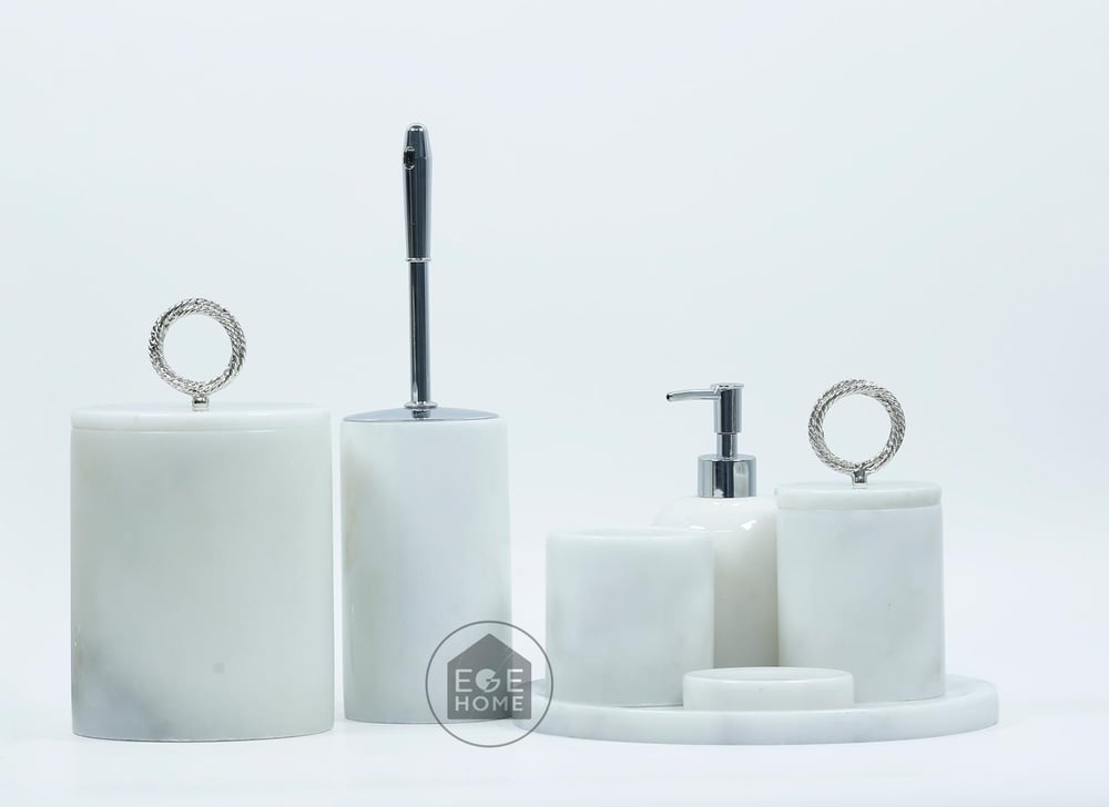 DEKORAFİT BEYAZ MERMER 7 PARÇA BANYO SETİ GÜMÜŞ HALKA