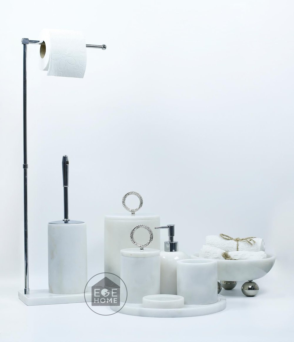 DEKORAFİT BEYAZ MERMER 7 PARÇA BANYO SETİ WC HAVLULUK-KASE GÜMÜŞ HALKA