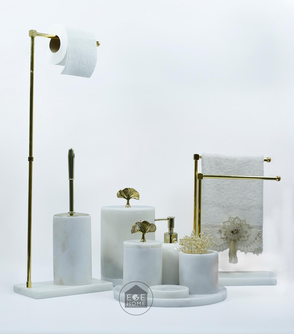 DEKORAFİT BEYAZ MERMER 7 PARÇA BANYO SETİ  WC HAVLULUK- İKİLİ HAVLULUK GOLD YAPRAK