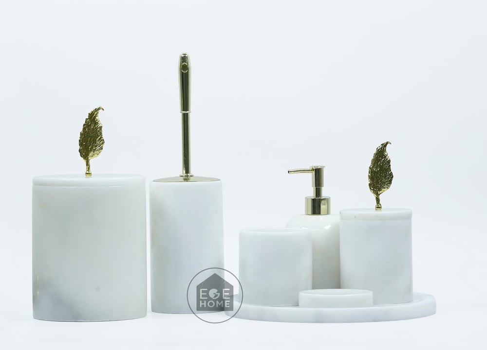 DEKORAFİT BEYAZ MERMER 7 PARÇA BANYO SETİ GOLD TÜY TEPE