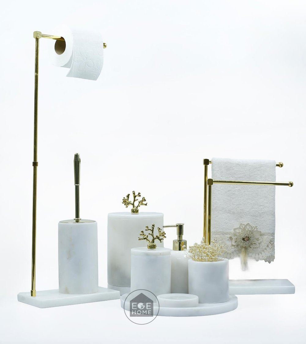 DEKORAFİT BEYAZ MERMER 7 PARÇA BANYO SETİ  WC HAVLULUK- İKİLİ HAVLULUK GOLD MERCAN