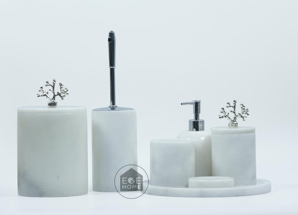DEKORAFİT BEYAZ MERMER 7 PARÇA BANYO SETİ GÜMÜŞ MERCAN