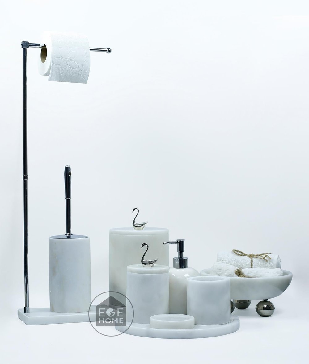 DEKORAFİT BEYAZ MERMER 7 PARÇA BANYO SETİ WC HAVLULUK-KASE GÜMÜŞ KUĞ