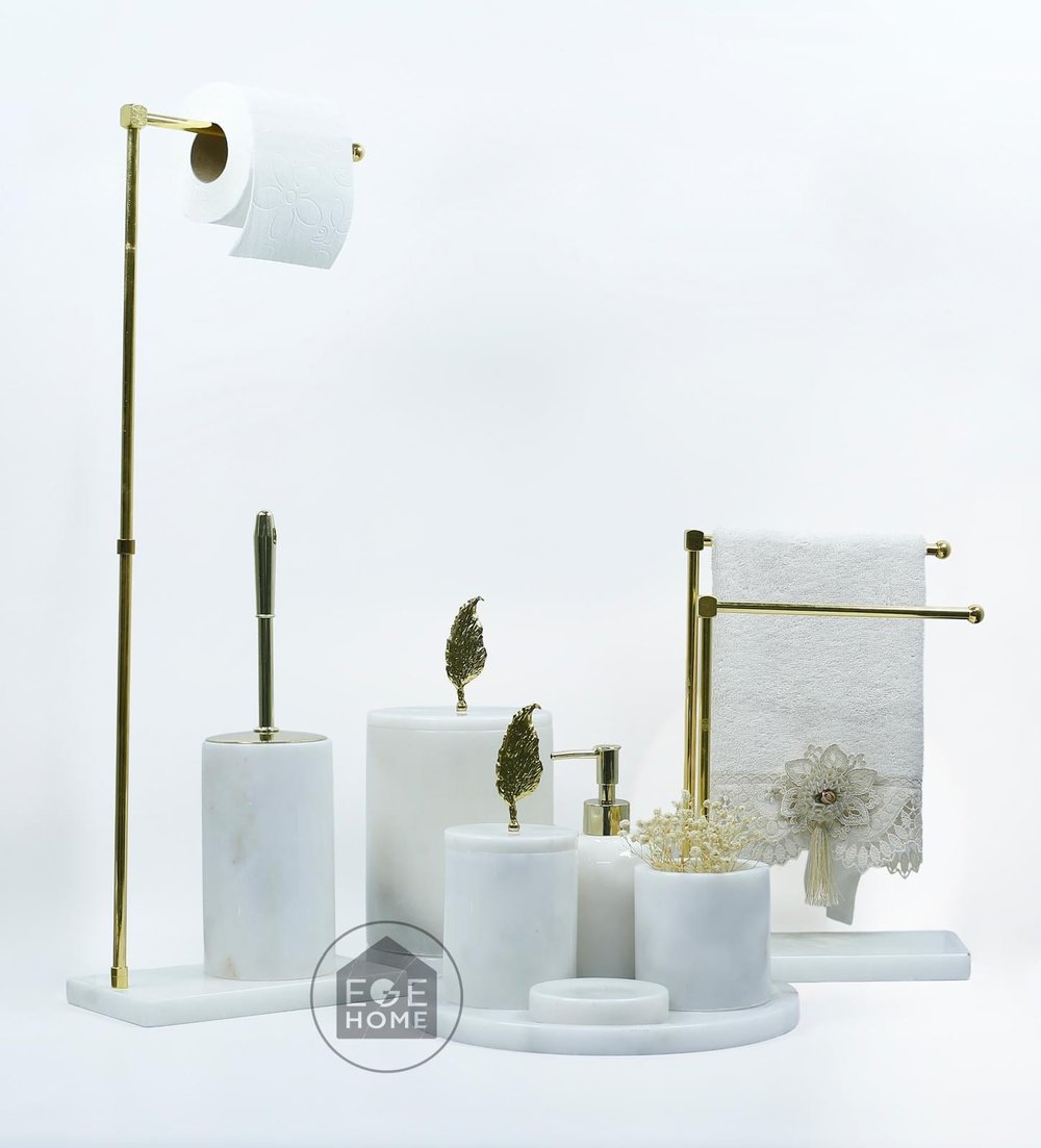 DEKORAFİT BEYAZ MERMER 7 PARÇA BANYO SETİ  WC HAVLULUK- İKİLİ HAVLULUK GOLD TÜY TEPE