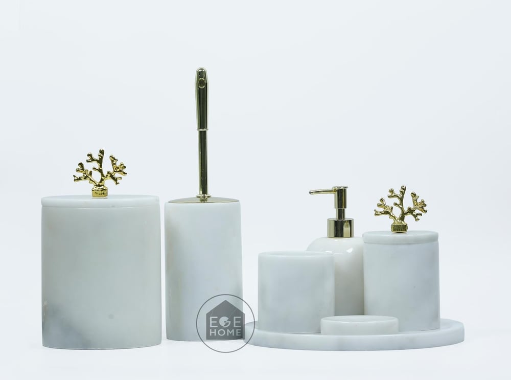 DEKORAFİT BEYAZ MERMER 7 PARÇA BANYO SETİ GOLD MERCAN