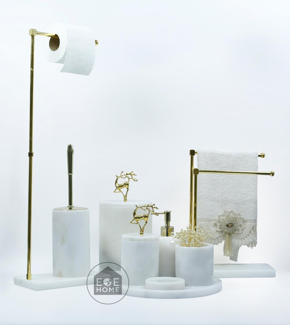 DEKORAFİT BEYAZ MERMER 7 PARÇA BANYO SETİ  WC HAVLULUK- İKİLİ HAVLULUK GOLD UÇAN GEYİK