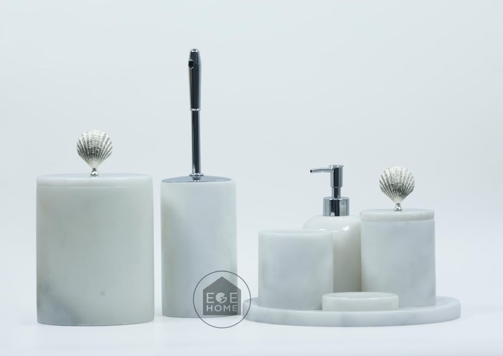 DEKORAFİT BEYAZ MERMER 7 PARÇA BANYO SETİ GÜMÜŞ DENİZ KABUĞU