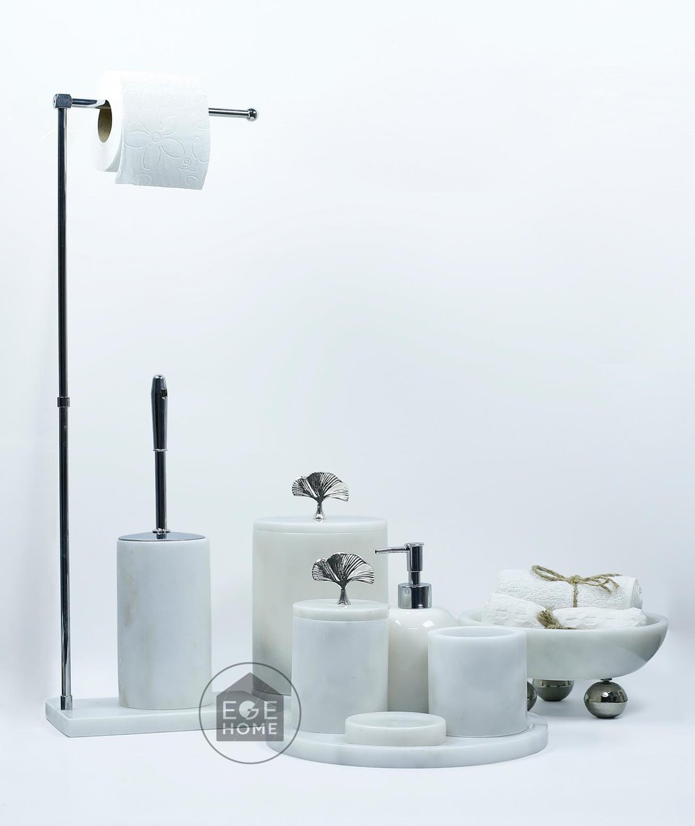 DEKORAFİT BEYAZ MERMER 7 PARÇA BANYO SETİ WC HAVLULUK-KASE GÜMÜŞ YAPRAK