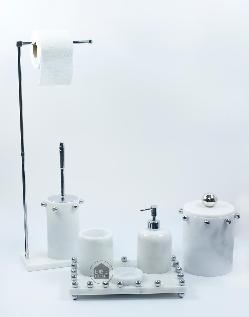 DEKORAFİT BEYAZ MERMER 7 PARÇA BANYO SETİ GÜMÜŞ BOL TOPLU 