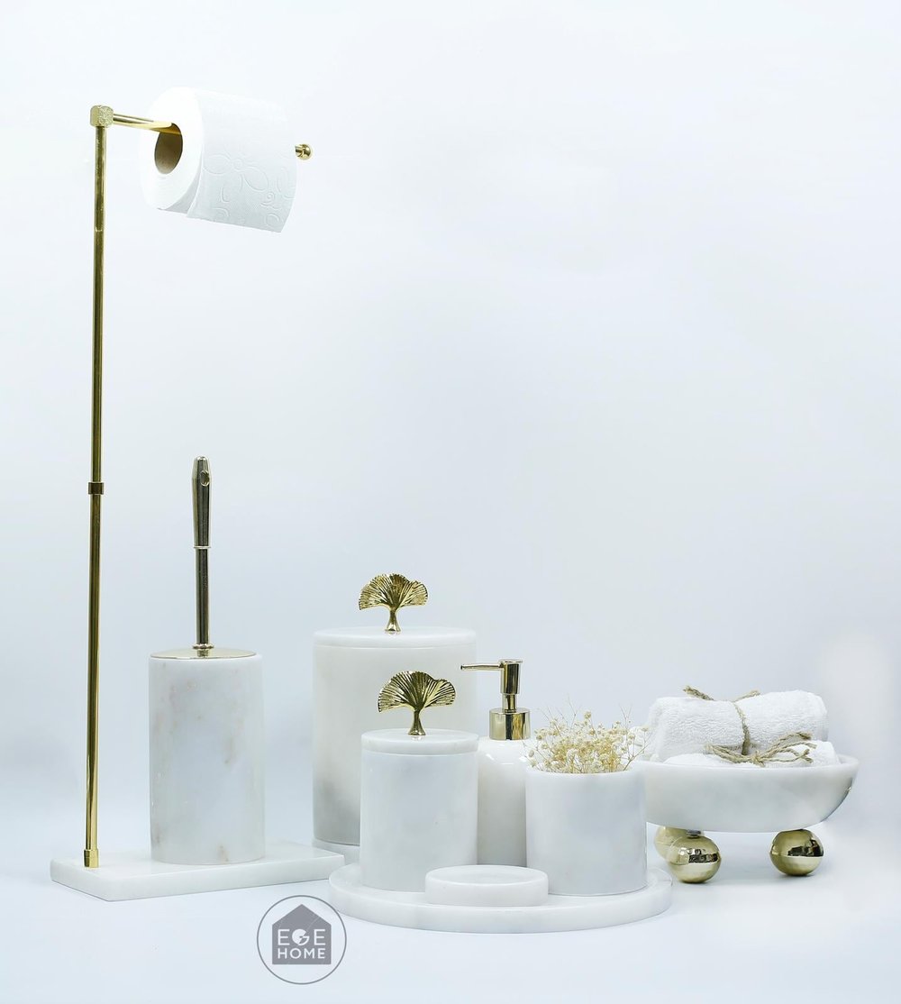 DEKORAFİT BEYAZ MERMER 7 PARÇA BANYO SETİ WC HAVLULUK-KASE GOLD YAPRAK