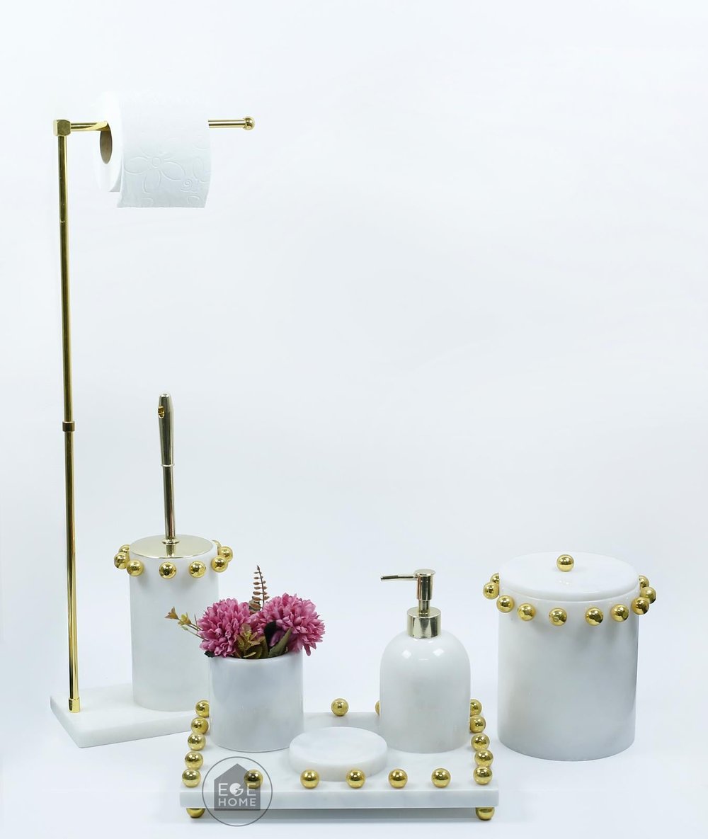 DEKORAFİT BEYAZ MERMER 7 PARÇA BANYO SETİ GOLD BOL TOPLU 